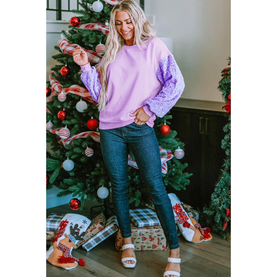 Sequin Round Neck Long Sleeve Sweatshirt Apparel and Accessories