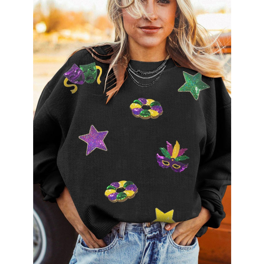 Sequin Round Neck Long Sleeve Sweatshirt Black / S Apparel and Accessories
