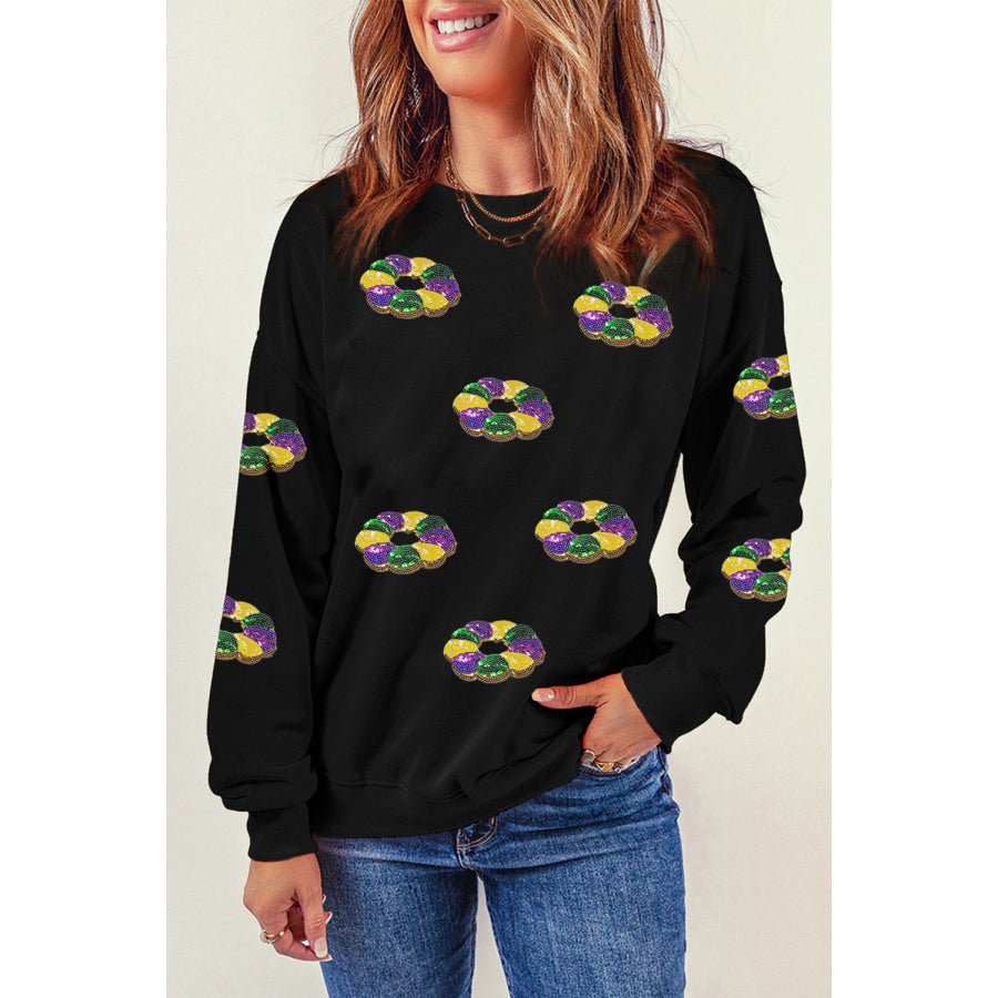 Sequin Round Neck Long Sleeve Sweatshirt Black / S Apparel and Accessories