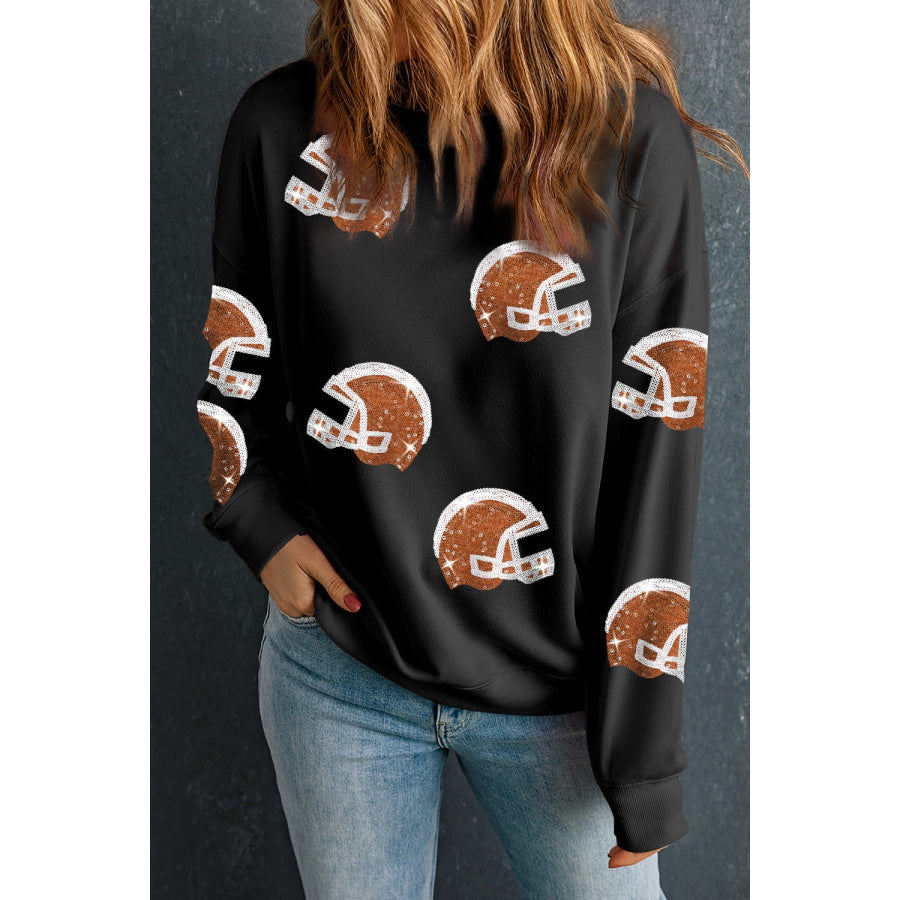 Sequin Round Neck Long Sleeve Sweatshirt Black / S Apparel and Accessories