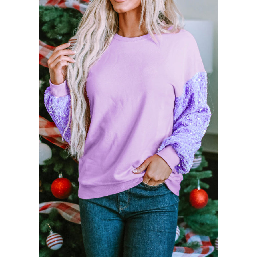 Sequin Round Neck Long Sleeve Sweatshirt Lavender / S Apparel and Accessories