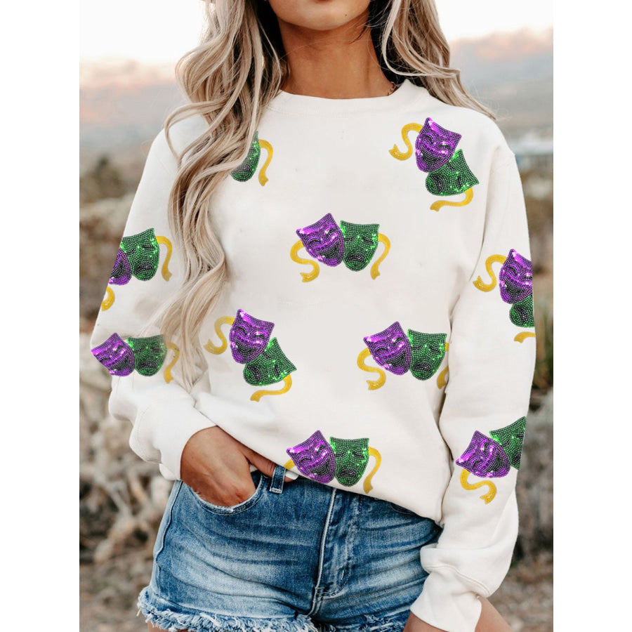 Sequin Round Neck Long Sleeve Sweatshirt White / M Apparel and Accessories