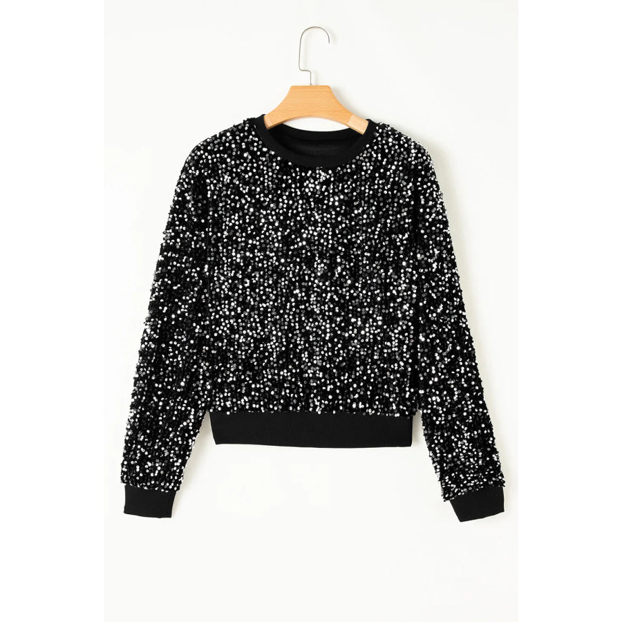 Sequin Round Neck Long Sleeve Top Apparel and Accessories