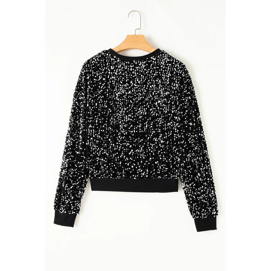 Sequin Round Neck Long Sleeve Top Apparel and Accessories