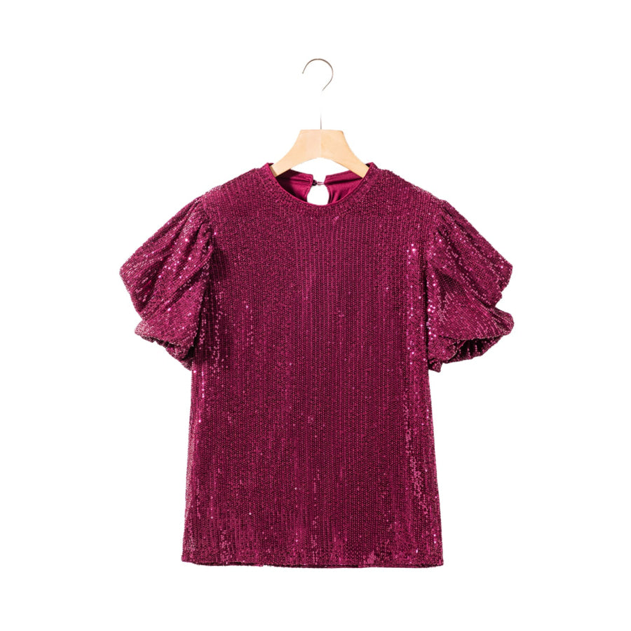 Sequin Round Neck Short Sleeve Blouse Apparel and Accessories