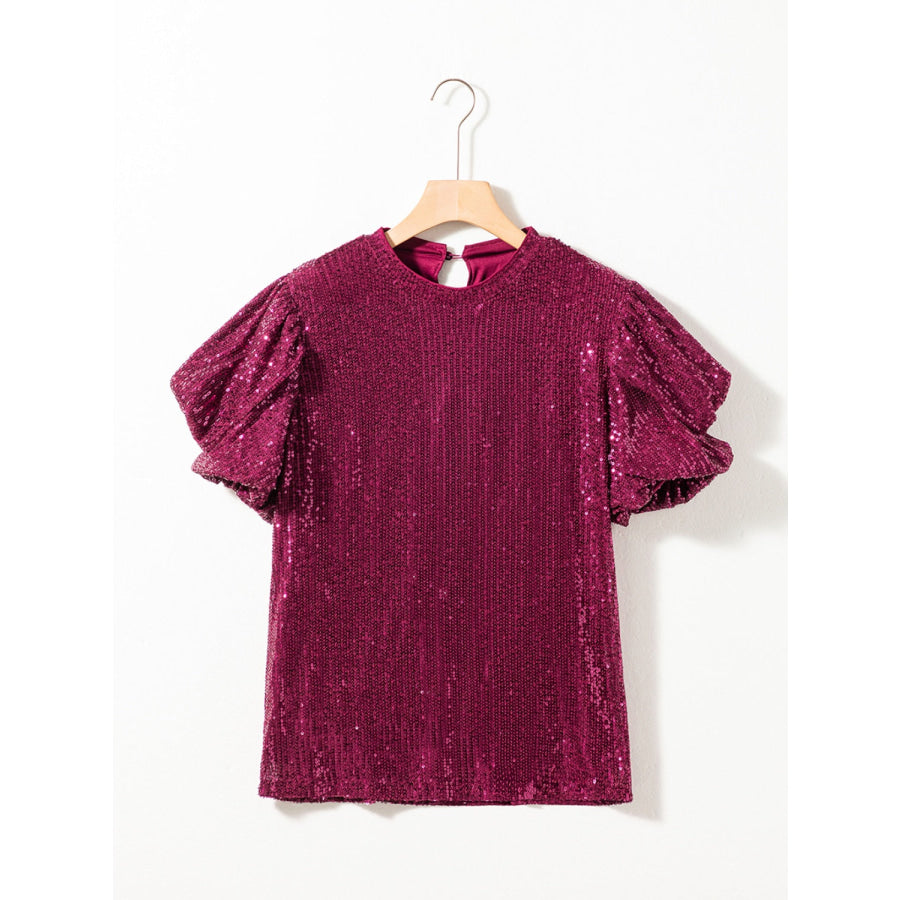 Sequin Round Neck Short Sleeve Blouse Apparel and Accessories