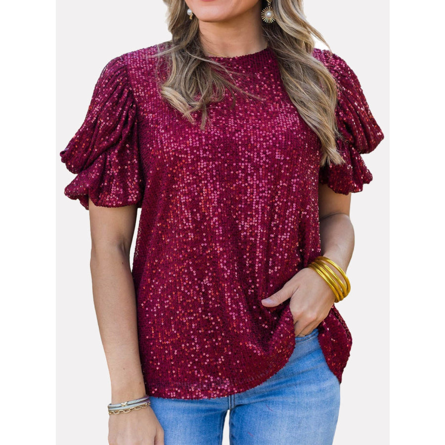 Sequin Round Neck Short Sleeve Blouse Deep Rose / S Apparel and Accessories