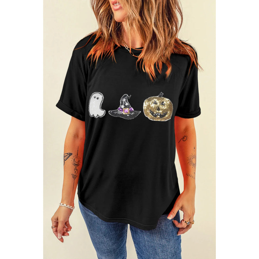 Sequin Round Neck Short Sleeve T-Shirt Apparel and Accessories