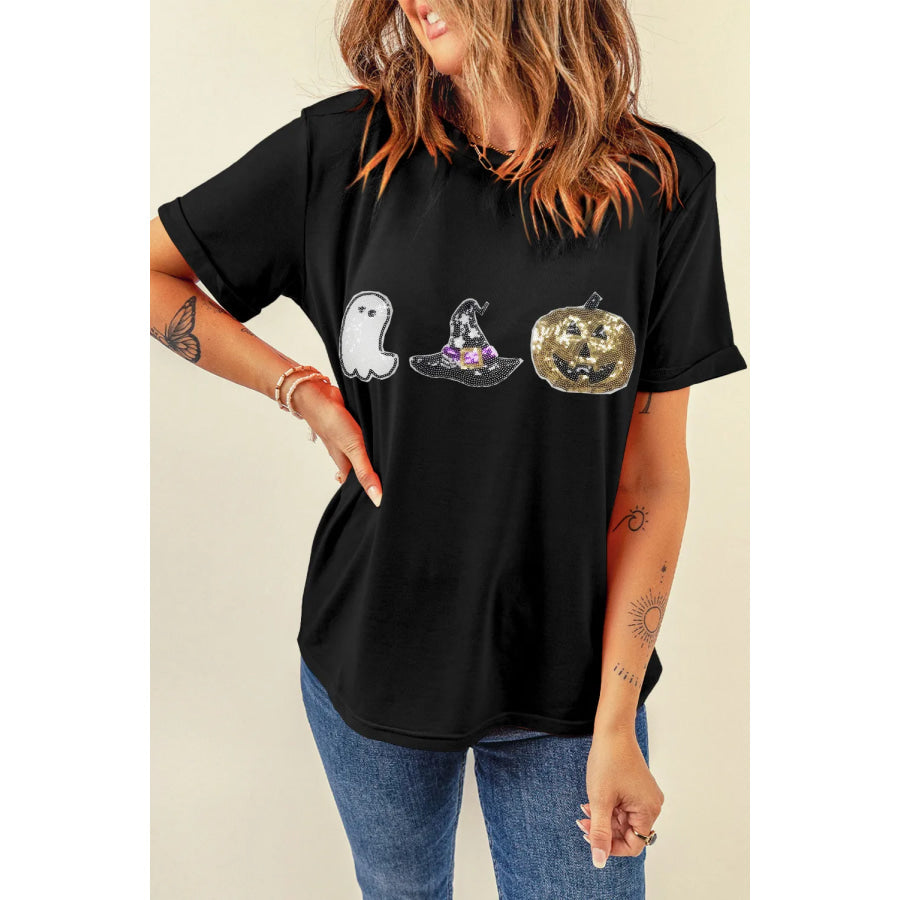 Sequin Round Neck Short Sleeve T-Shirt Apparel and Accessories