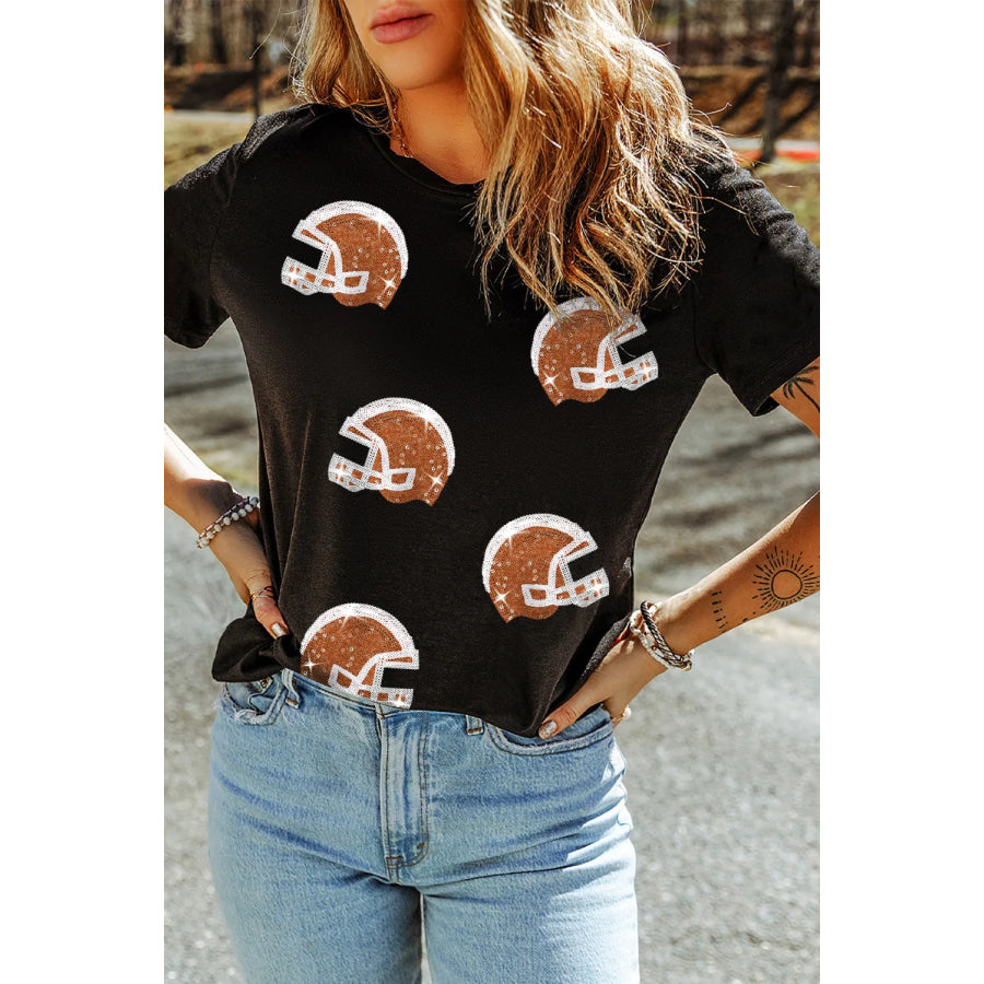 Sequin Round Neck Short Sleeve T-Shirt Black / S Apparel and Accessories