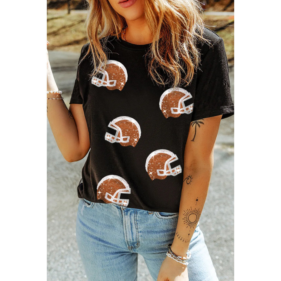 Sequin Round Neck Short Sleeve T-Shirt Black / S Apparel and Accessories