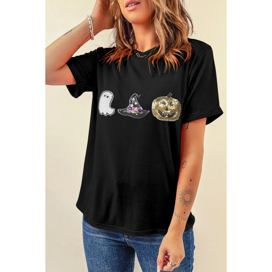 Sequin Round Neck Short Sleeve T-Shirt Black / S Apparel and Accessories