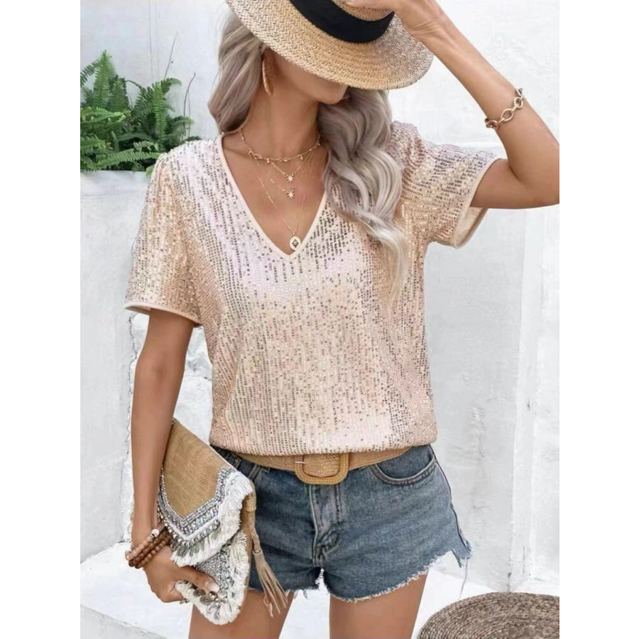 Sequin Round Neck Short Sleeve Top Apparel and Accessories