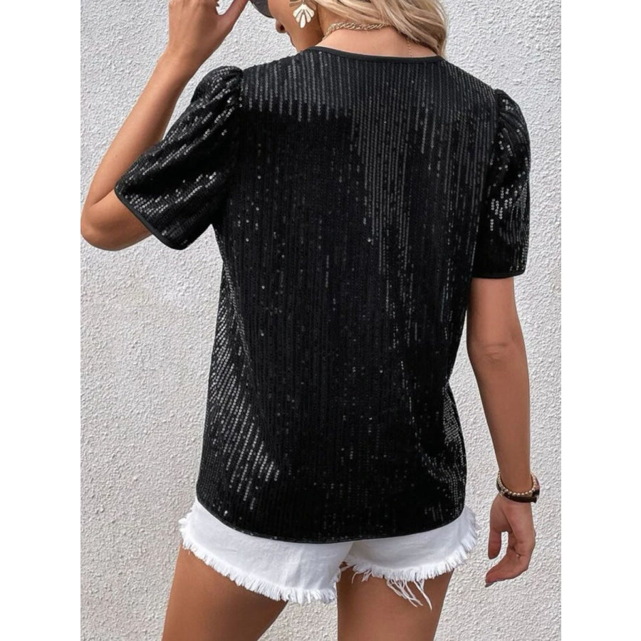 Sequin Round Neck Short Sleeve Top Apparel and Accessories