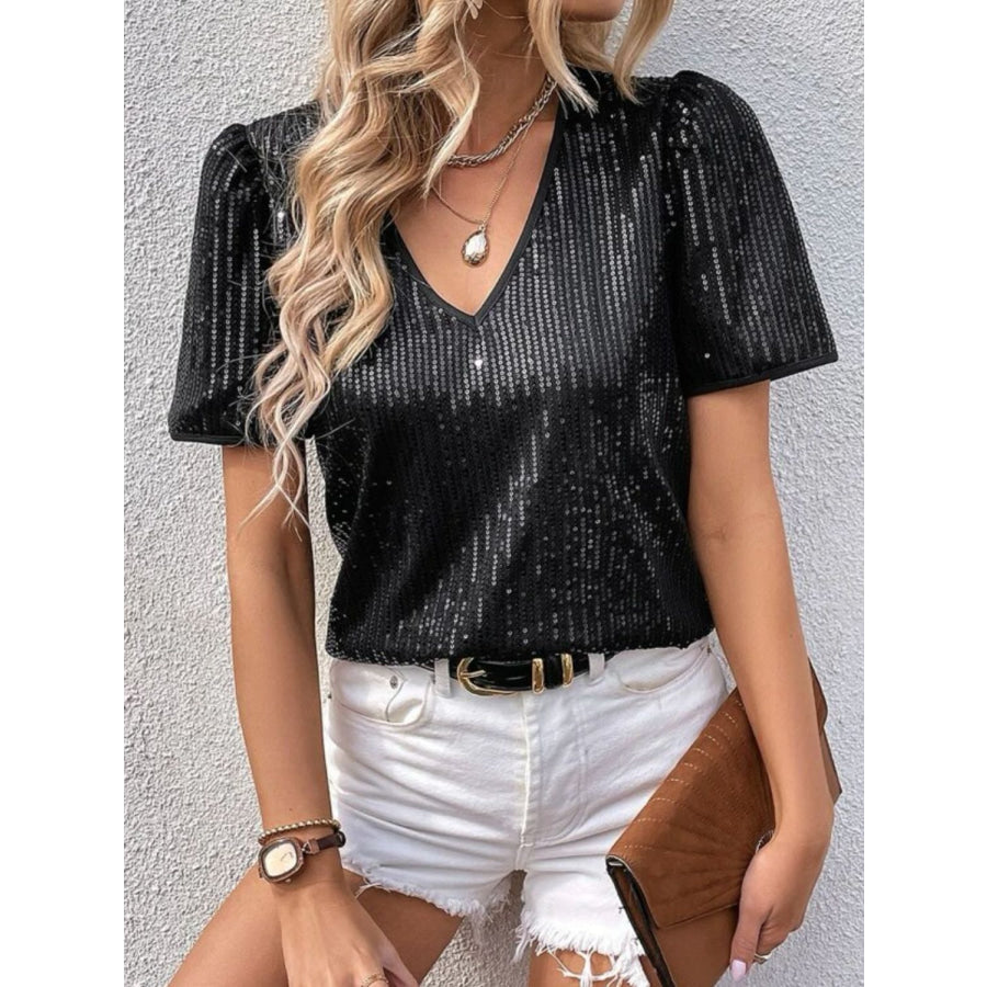 Sequin Round Neck Short Sleeve Top Apparel and Accessories