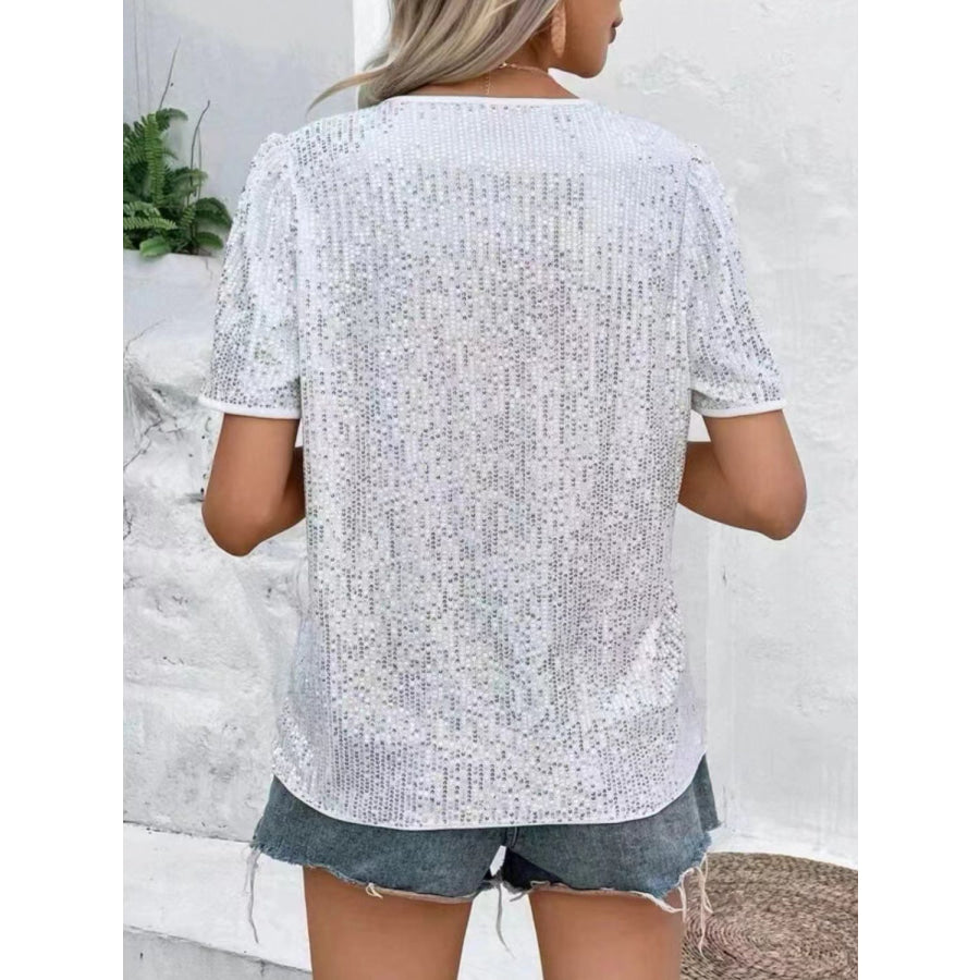 Sequin Round Neck Short Sleeve Top Apparel and Accessories