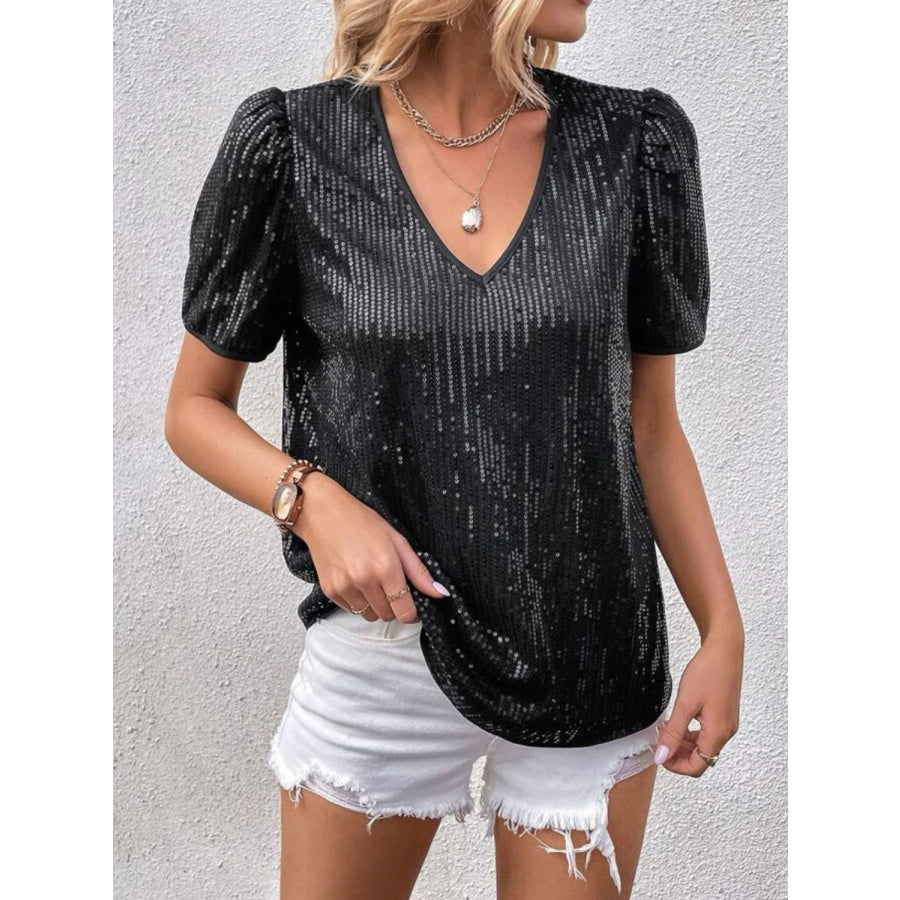 Sequin Round Neck Short Sleeve Top Black / S Apparel and Accessories