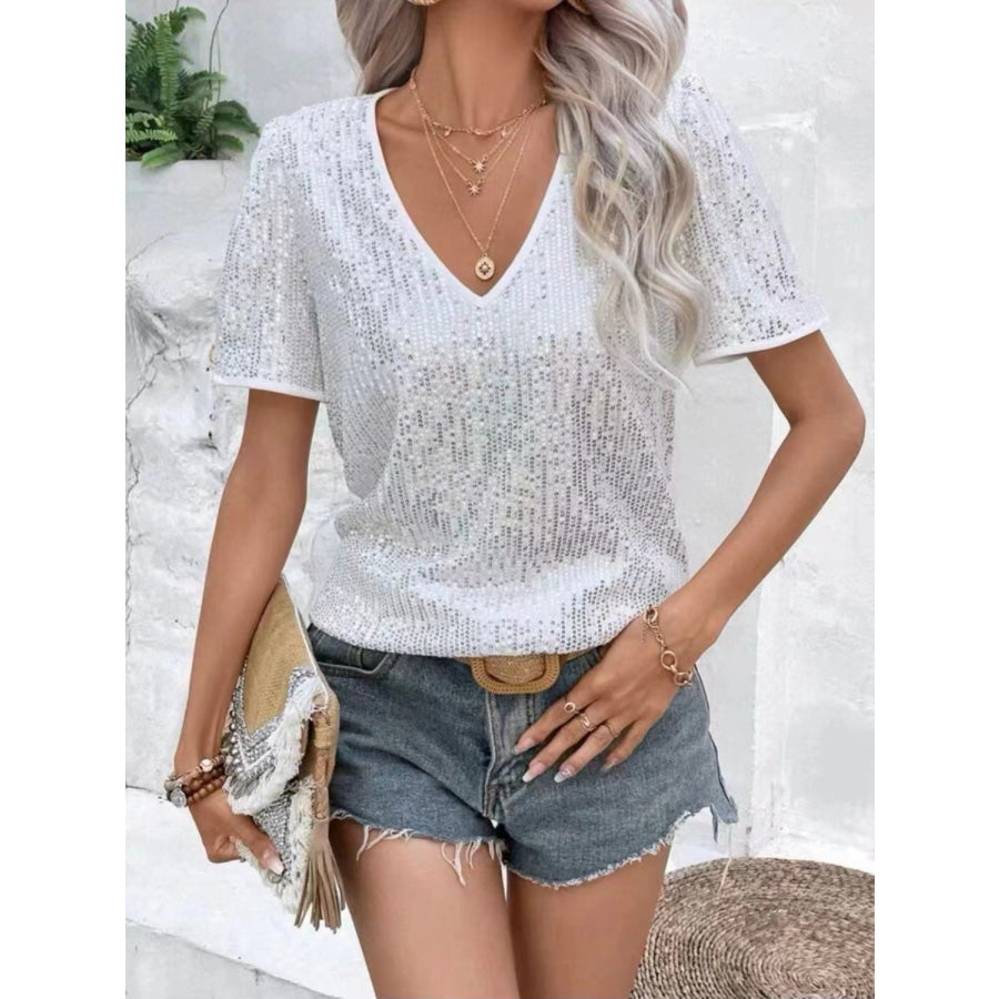 Sequin Round Neck Short Sleeve Top White / S Apparel and Accessories