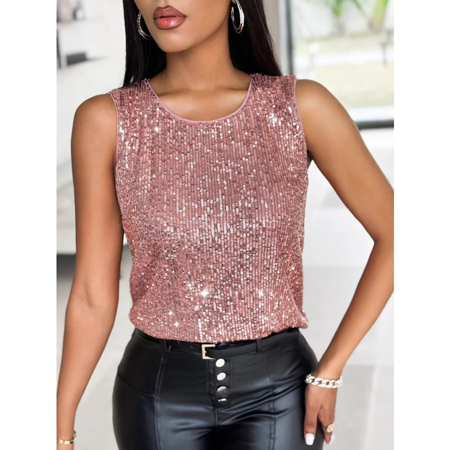 Sequin Round Neck Tank Top Pink / S Apparel and Accessories