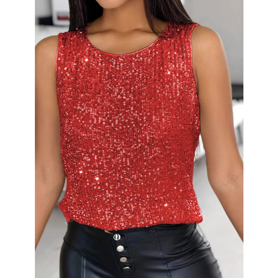Sequin Round Neck Tank Top Red / S Apparel and Accessories