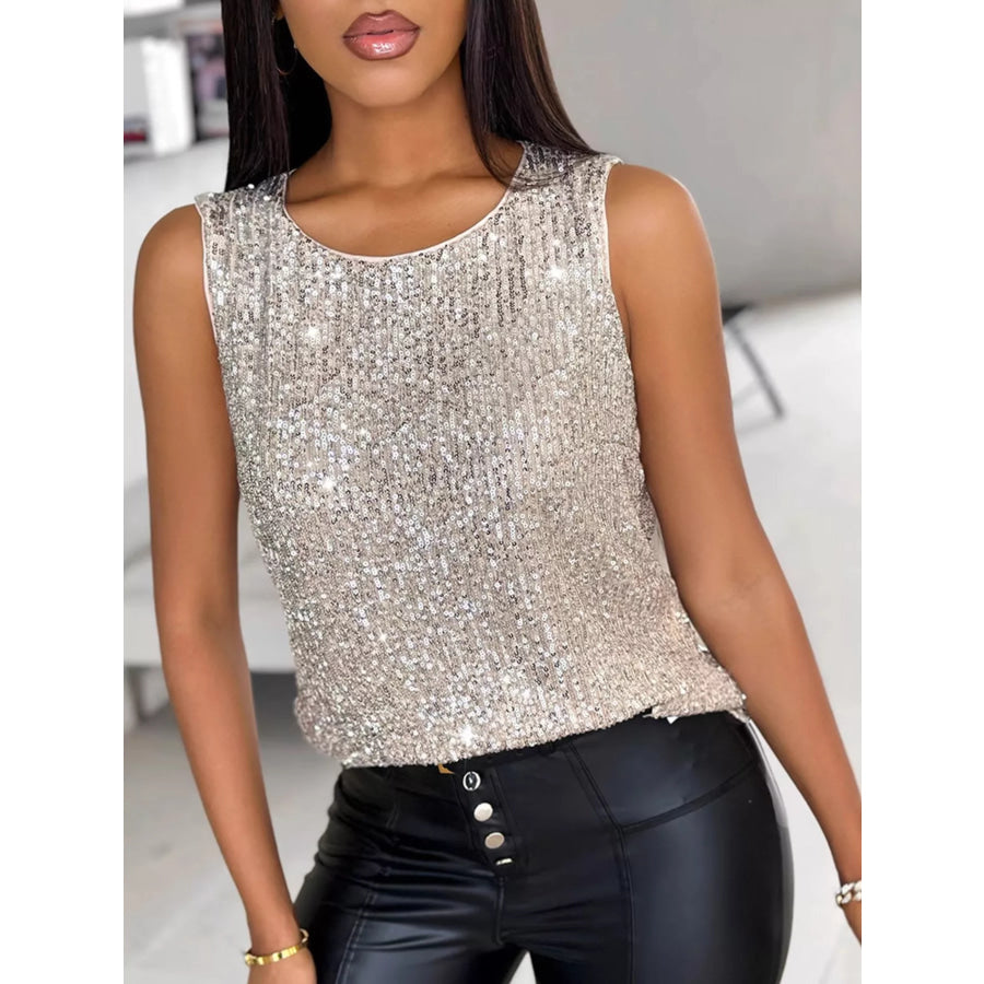 Sequin Round Neck Tank Top Silver / S Apparel and Accessories