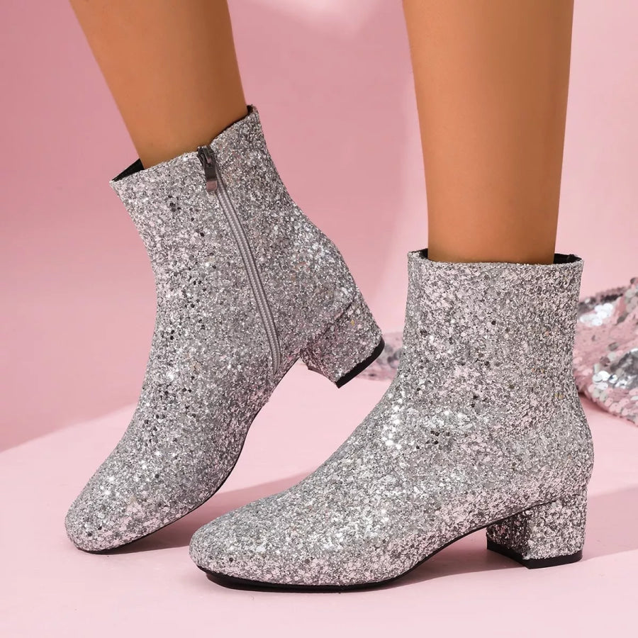 Sequin Round Toe Block Heels Boots Silver / 36 boots