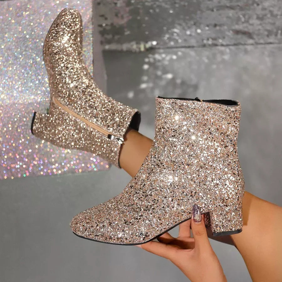Sequin Round Toe Block Heels Boots boots