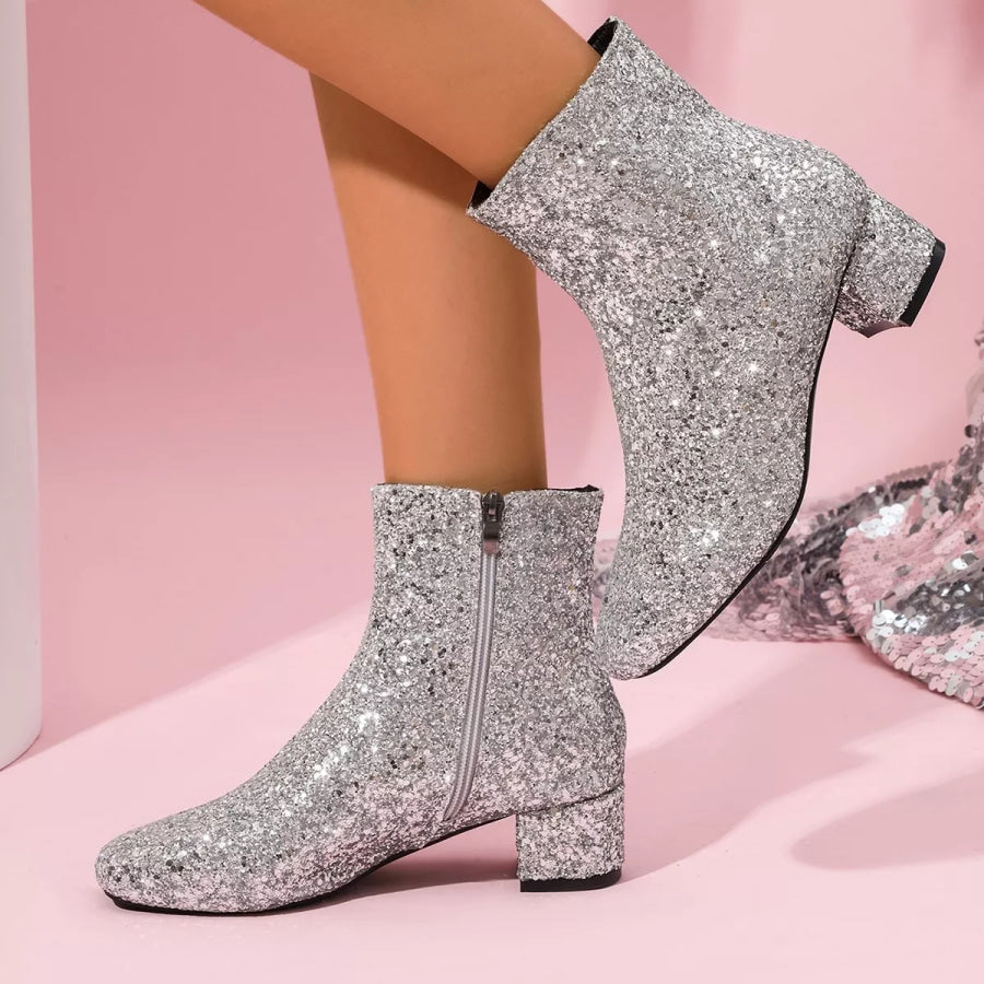 Sequin Round Toe Block Heels Boots boots