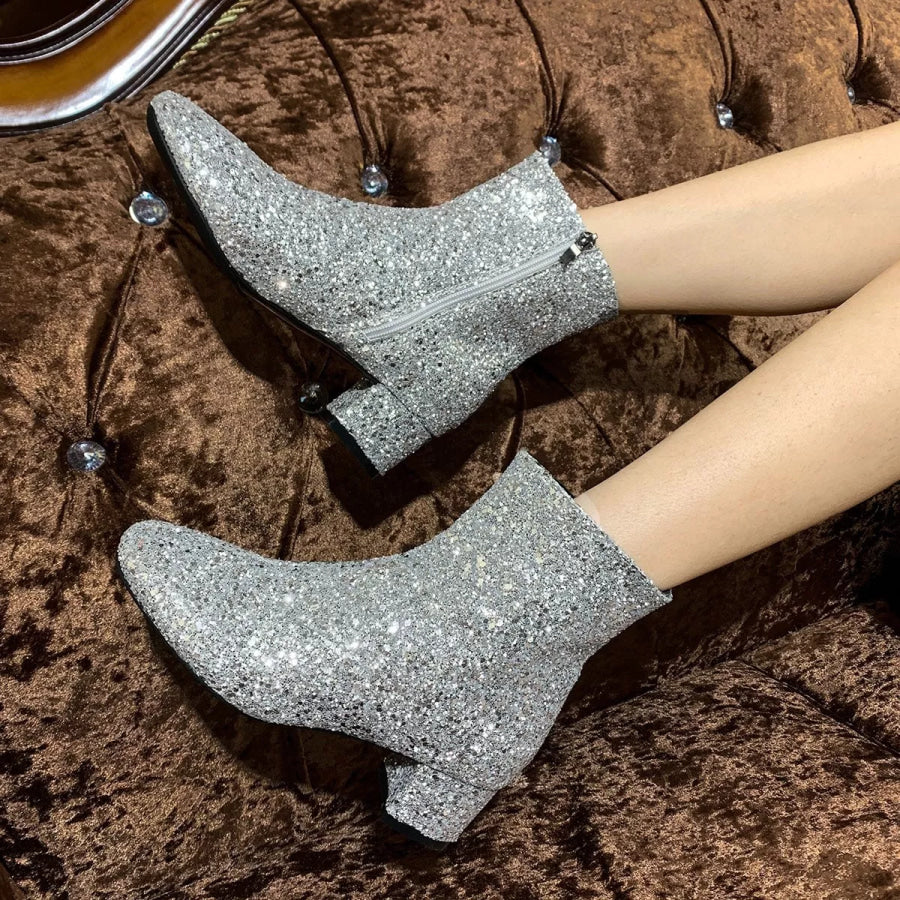 Sequin Round Toe Block Heels Boots boots
