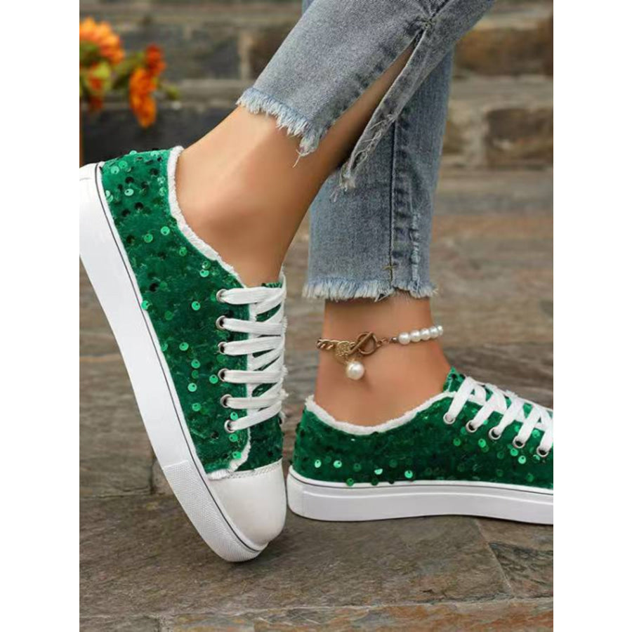 Sequin Round Toe Flat Sneakers Green / 36(US5) Apparel and Accessories