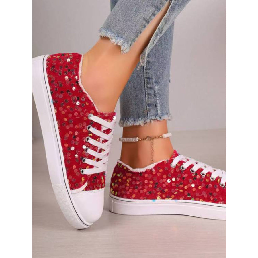 Sequin Round Toe Flat Sneakers Red / 36(US5) Apparel and Accessories