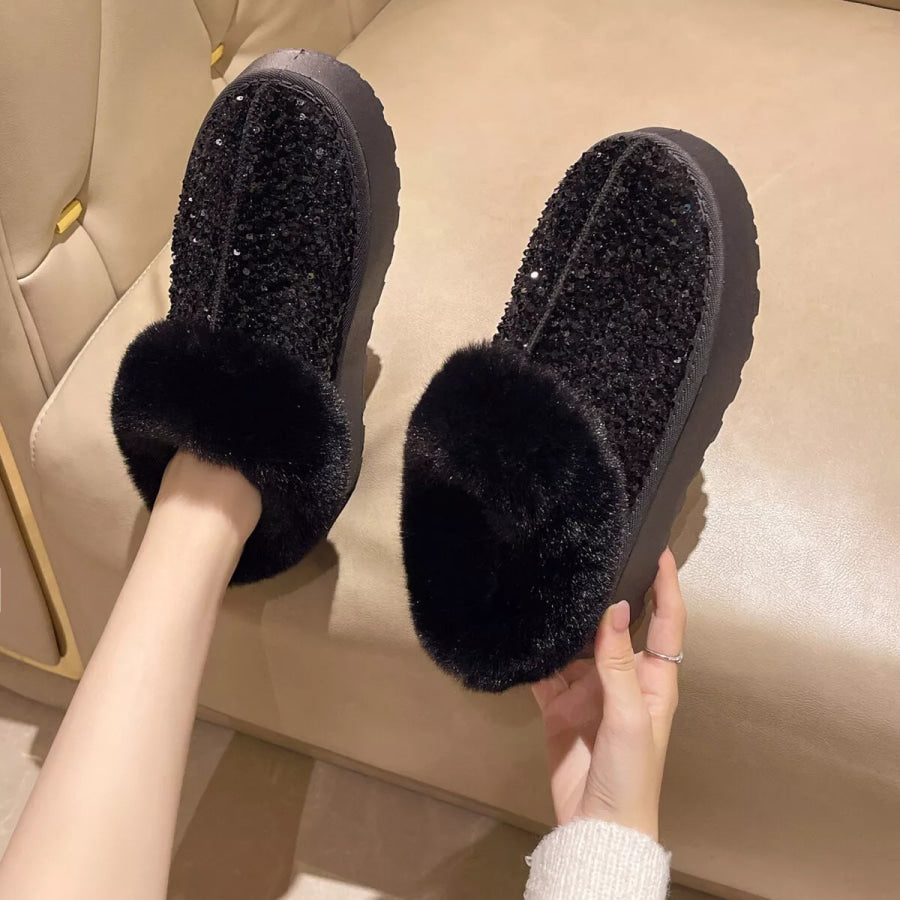 Sequin Round Toe Platform Boots Black / 36 Apparel and Accessories