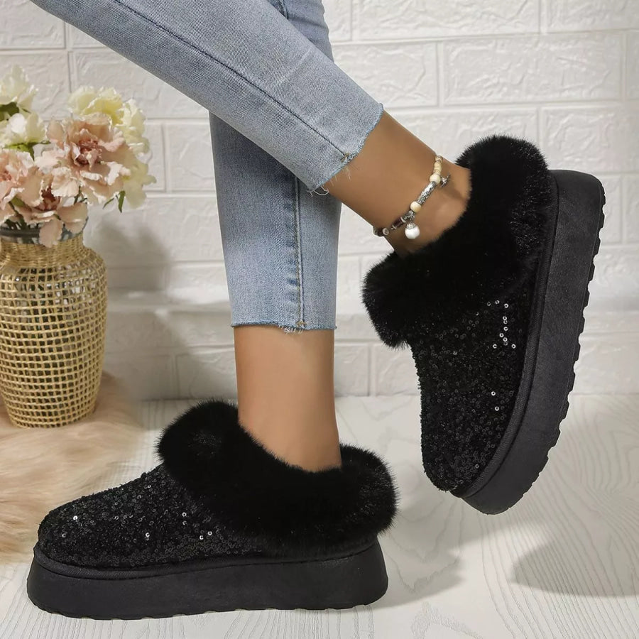 Sequin Round Toe Platform Boots Black / 36 Apparel and Accessories