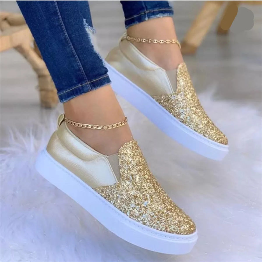 Sequin Round Toe Platform Slip-Ons Gold / 36 Apparel and Accessories