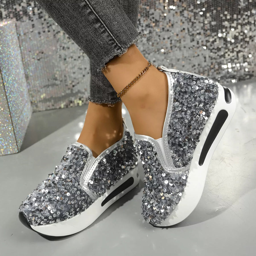 Sequin Round Toe Slip-Ons Grey / 35 Apparel and Accessories