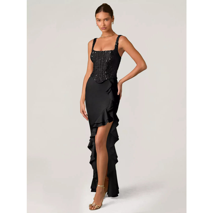 Sequin Ruffle Hem Maxi Dress Black / S Apparel and Accessories