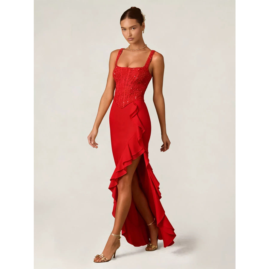 Sequin Ruffle Hem Maxi Dress Deep Red / S Apparel and Accessories