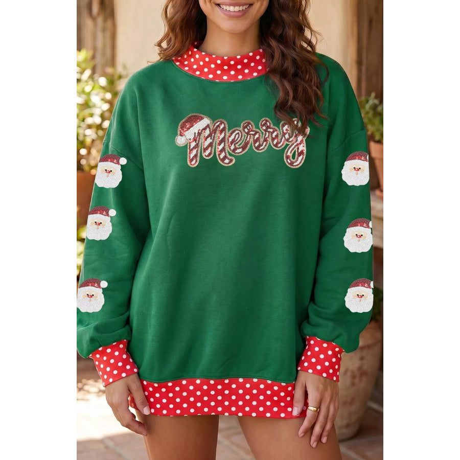 Sequin Santa Merry Graphic Polka Dot Trim Mock Neck Sweatshirt Apparel and Accessories