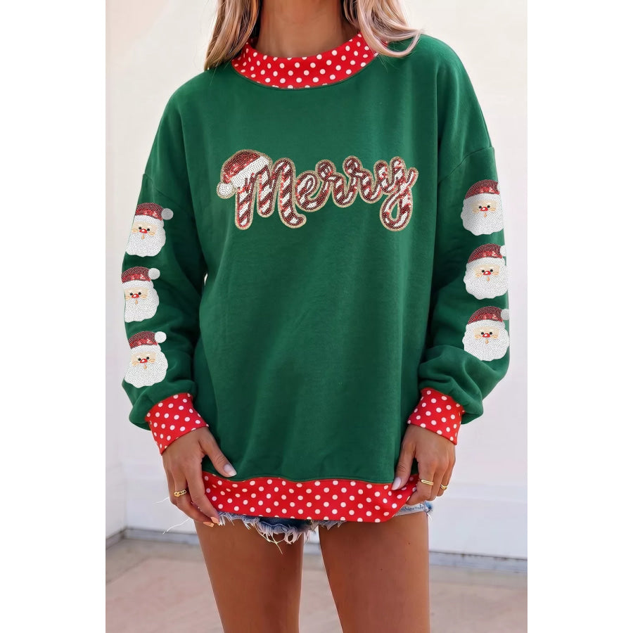 Sequin Santa Merry Graphic Polka Dot Trim Mock Neck Sweatshirt Dark Green / S Apparel and Accessories