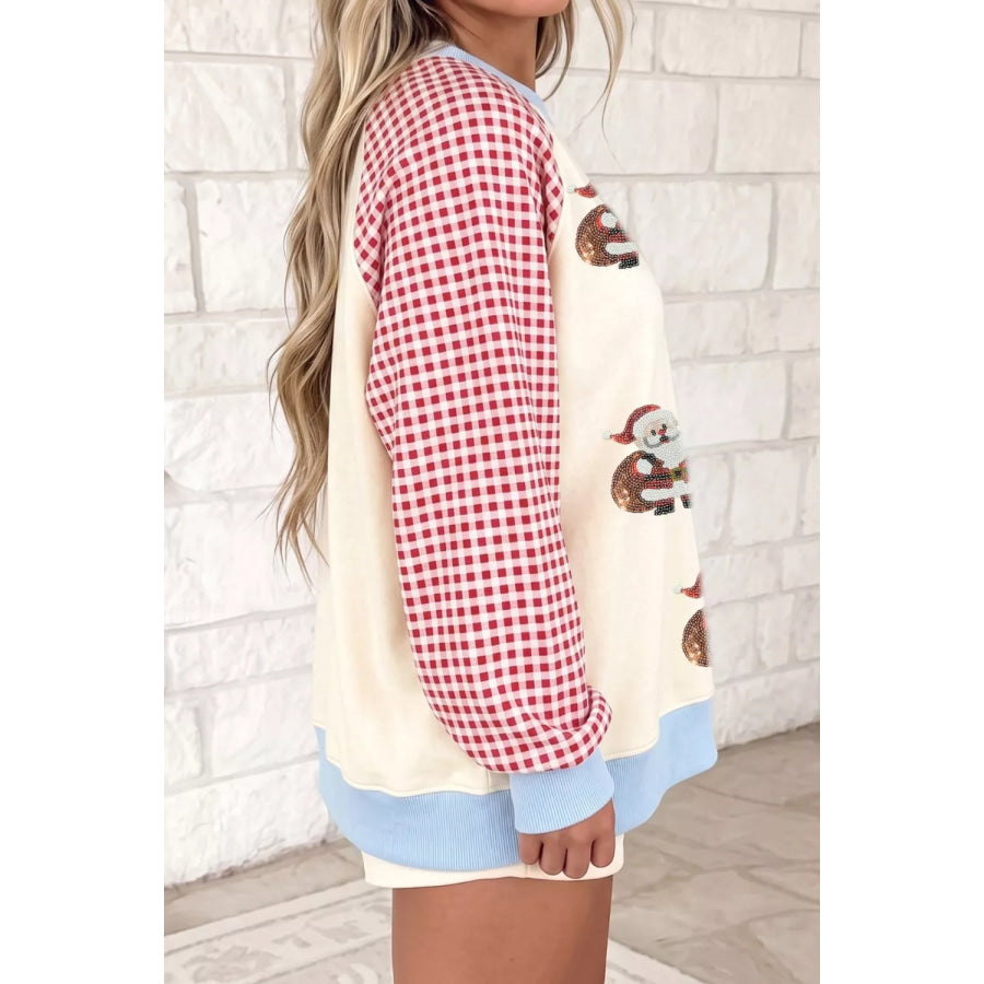 Sequin Santa Plaid Sleeve Pullover Graphic Sweatshirt Beige / S Apparel and Accessories