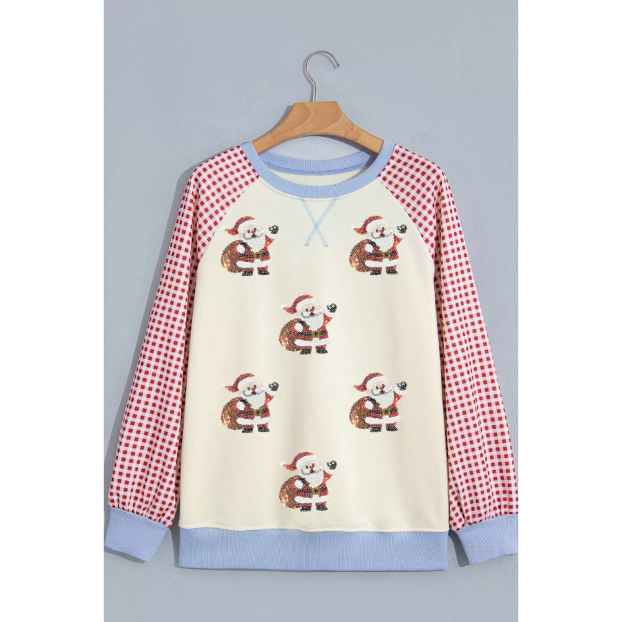 Sequin Santa Plaid Sleeve Pullover Graphic Sweatshirt Apparel and Accessories