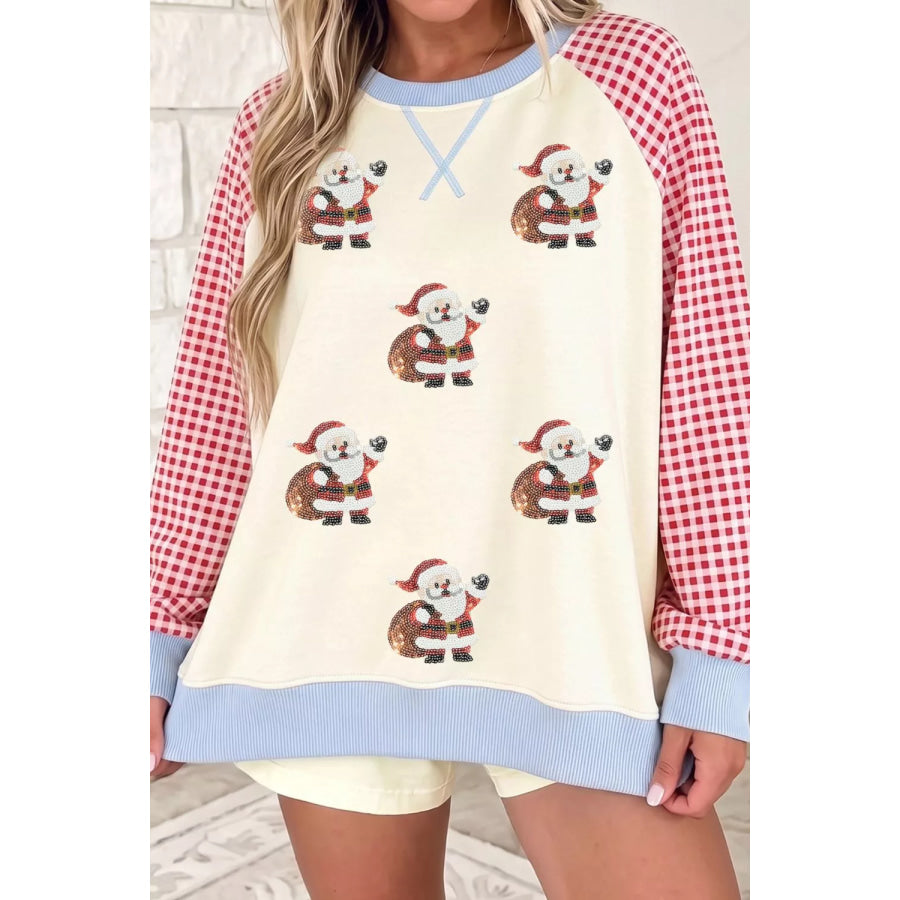 Sequin Santa Plaid Sleeve Pullover Graphic Sweatshirt Beige / S Apparel and Accessories