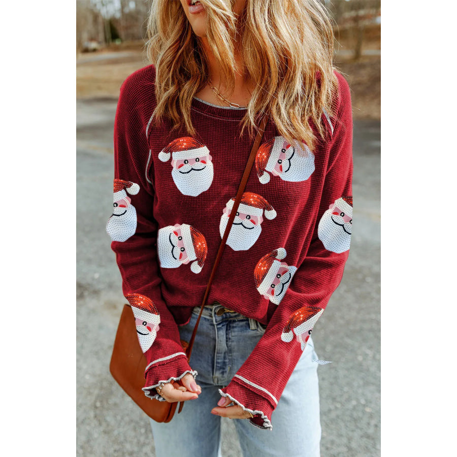 Sequin Santa Round Neck Long Sleeve Blouse Apparel and Accessories