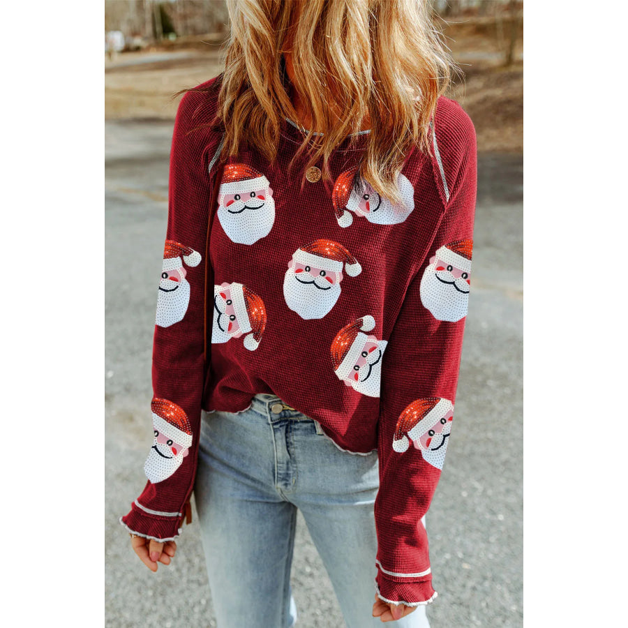 Sequin Santa Round Neck Long Sleeve Blouse Scarlet / S Apparel and Accessories