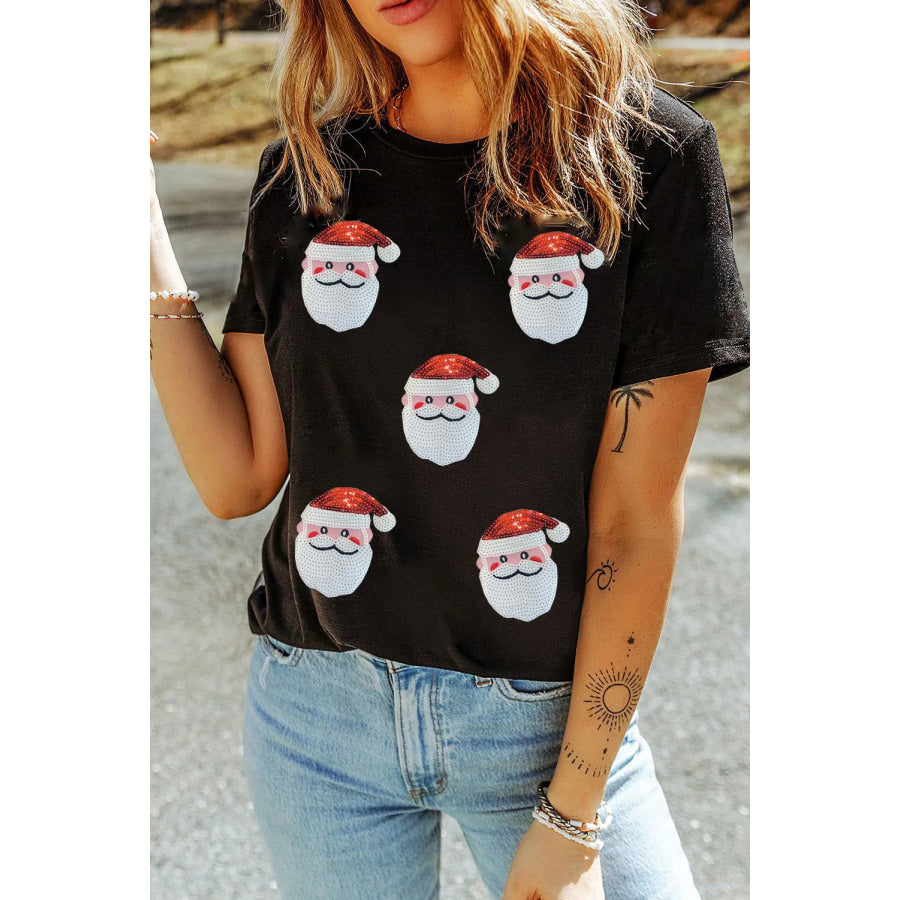 Sequin Santa Round Neck Short Sleeve T-Shirt Black / S Apparel and Accessories
