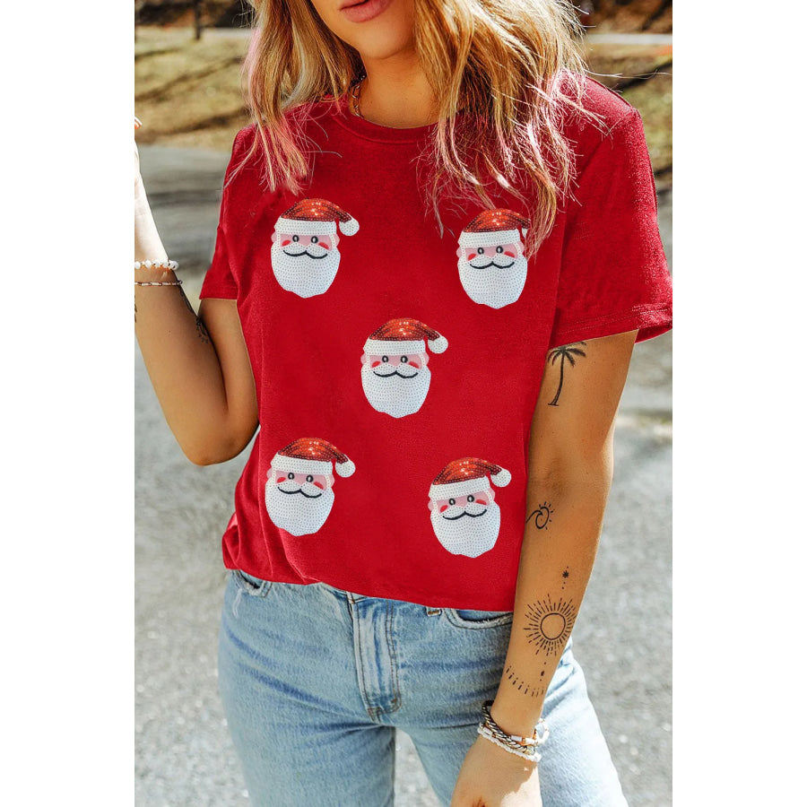 Sequin Santa Round Neck Short Sleeve T-Shirt Deep Red / S Apparel and Accessories