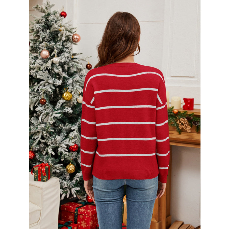 Sequin Santa Striped Round Neck Long Sleeve Sweater Apparel and Accessories