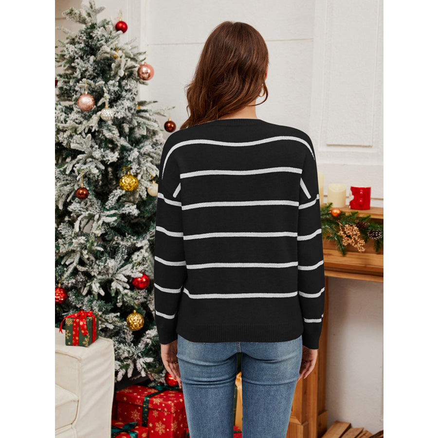 Sequin Santa Striped Round Neck Long Sleeve Sweater Apparel and Accessories