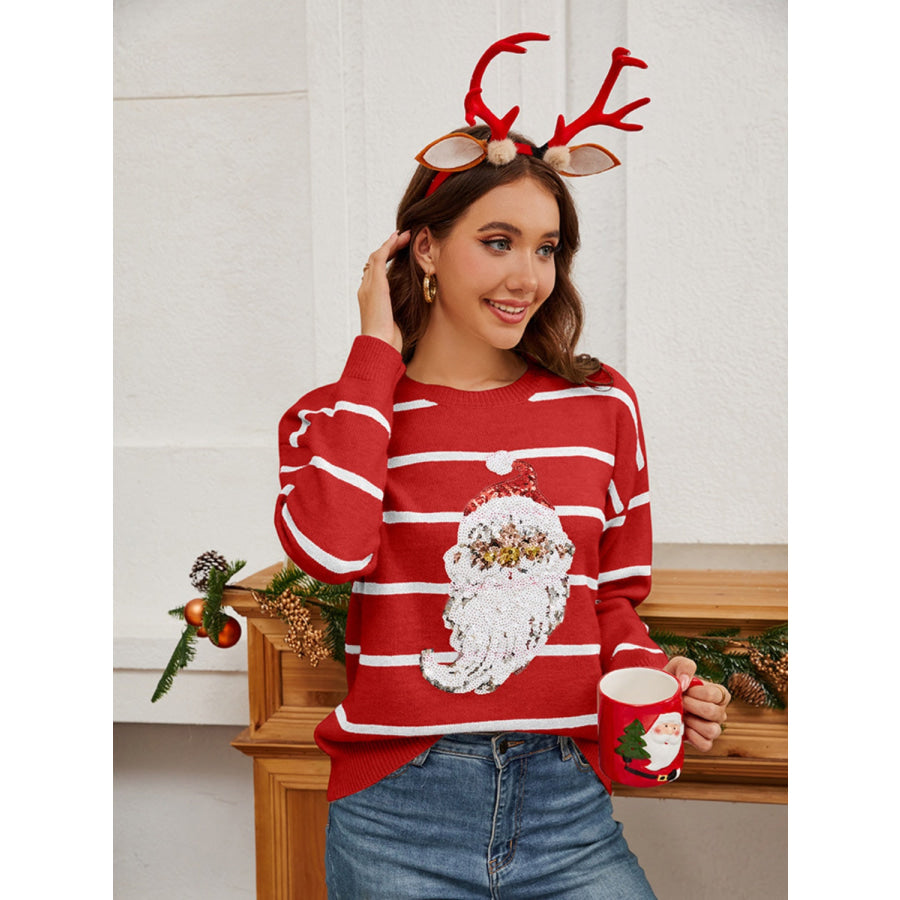 Sequin Santa Striped Round Neck Long Sleeve Sweater Apparel and Accessories