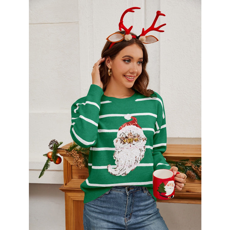 Sequin Santa Striped Round Neck Long Sleeve Sweater Apparel and Accessories